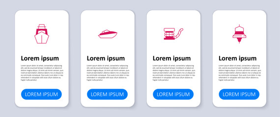 Set Ship bell, Marine bollard with rope, Speedboat and Yacht sailboat. Business infographic template. Vector