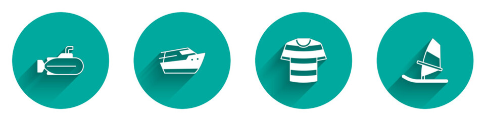 Set Submarine, Speedboat, Striped sailor t-shirt and Windsurfing icon with long shadow. Vector