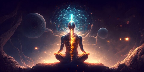 Astral yoga silhouette of human in cosmic space meditate. Back view man practicing transcendental spiritual meditation. Generation AI - obrazy, fototapety, plakaty