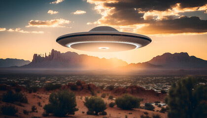 Alien UFO spaceship fly above Grand Canyon, Arizona desert USA, Zone 51 with sun light. Generation AI