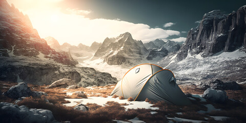 Orange tent in snow mountains Alps on sunset light, hiker travel camp. Generation AI - obrazy, fototapety, plakaty