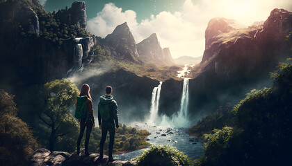 Obraz premium Back view couple tourist of hikers with backpack walks in tropical waterfall at sunset. Generation AI.