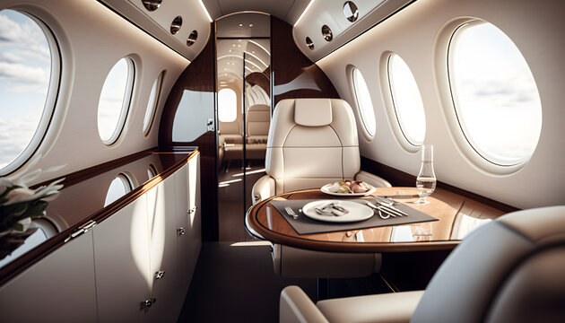 luxury interior in private modern business jet and sunlight in porthole. Generation AI