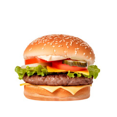 Delicious hamburger with cheese and salad.  isolated on transparent background. Generative AI