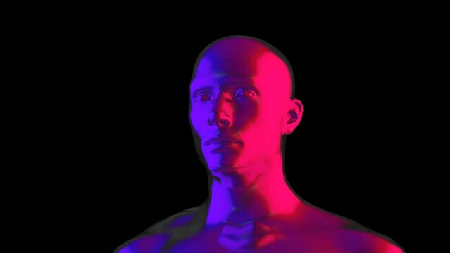 Digital human head - turnaround animation - neon colors - vaporwave style