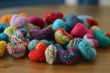 Fototapeta na wymiar Colorful knitted hearts made of wool. Generative AI
