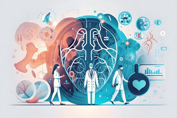 Healthcare and medical concept. Medicine doctor with stethoscope in hand with icon medical network and patients come to the hospital background made with Generative AI