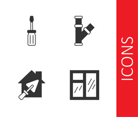 Set Window in room, Screwdriver, House with trowel and Industry metallic pipe icon. Vector