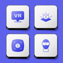 Set Virtual reality, 3d modeling, and glasses icon. White square button. Vector