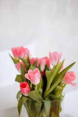 Bouquet of pink tulip flowers on a white background. Front view.