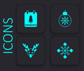 Set Snowflake, Christmas day calendar, ball and Reindeer icon. Black square button. Vector