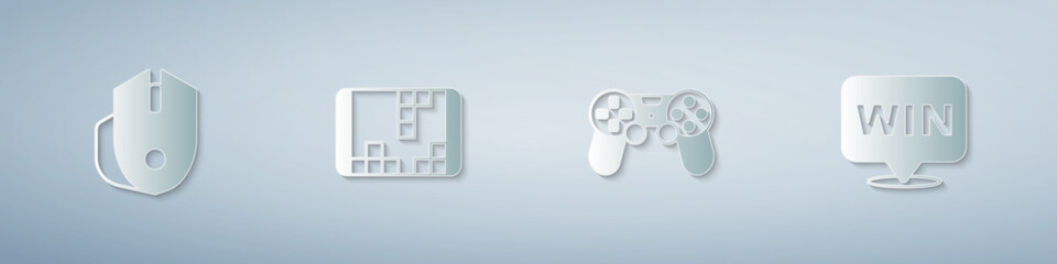 Set Computer mouse, Portable video game console, Game controller joystick and Medal. Paper art style. Vector