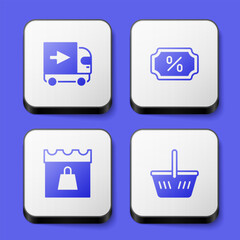 Set Delivery cargo truck, Discount percent tag, Shopping day and basket icon. White square button. Vector