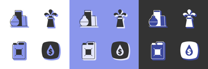Set Oil drop with dollar symbol, tank storage, Canister for gasoline and rig icon. Vector