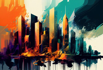 A picture of a city with many buildings in bright saturated colors. Digital art style. Beautiful high-rise painting scenic illustration. Beautiful wallpaper. Generative AI.