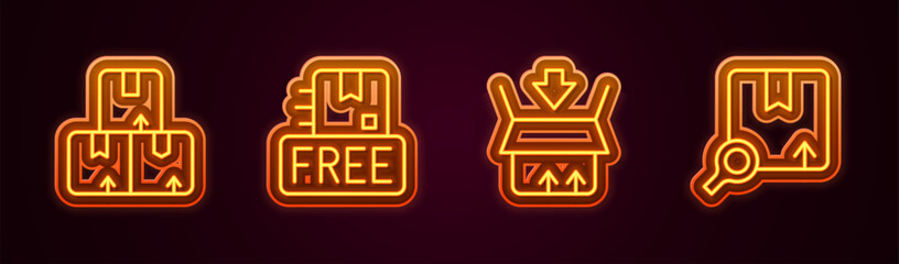 Set line Carton cardboard box, Cardboard with free symbol, and Search package. Glowing neon icon. Vector