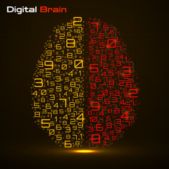 Digital brain with numbers. Artificial intelligence concept. Technology brain. Vector illustration