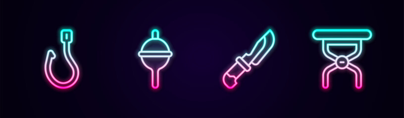 Set line Fishing hook, float, Knife and Camping folding chair. Glowing neon icon. Vector