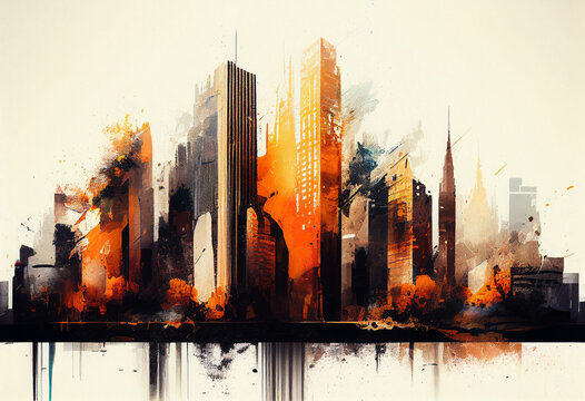 Painting of a city with many high-rise buildings. Beautiful brush stroke buildings in autumn., Burning city. Generative AI.