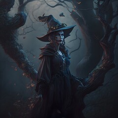 Witch in the forest. Generative Ai illustration 