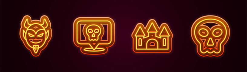 Set line Devil head, Skull, Castle and . Glowing neon icon. Vector