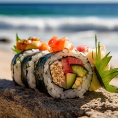 Discover artistic sushi fusion in diverse environments. This collection blends culinary art & visual storytelling, showcasing imaginative sushi in nature & urban scenes. Elevate your sushi experience
