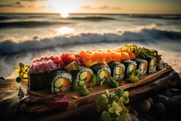 Discover artistic sushi fusion in diverse environments. This collection blends culinary art & visual storytelling, showcasing imaginative sushi in nature & urban scenes. Elevate your sushi experience