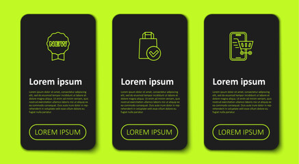 Set line Price tag with New, Paper shopping bag and Mobile cart. Business infographic template. Vector