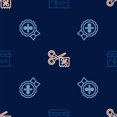 Set line Market store, Discount percent tag and Scissors cuts discount coupon on seamless pattern. Vector