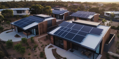 Newly constructed homes with solar panels on the roof under a bright sky A close up of a brand new structure with dark solar panels. Generative AI