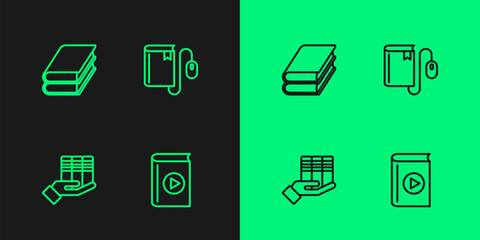 Set line Audio book, Book donation, and Electronic with mouse icon. Vector