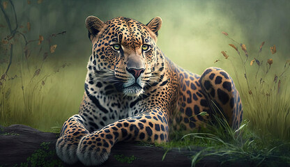 chilling jaguar on meadow, generated AI