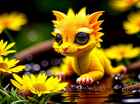 Cute buttercup yellow baby dragon created with Generative AI.