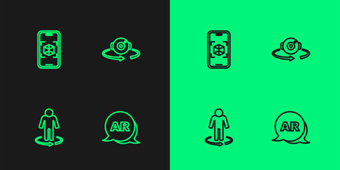 Set line Augmented reality AR, 3d modeling, and 360 degree view icon. Vector