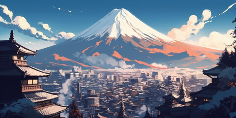 The view of mount fuji from a city, anime style, Generative Ai  - obrazy, fototapety, plakaty