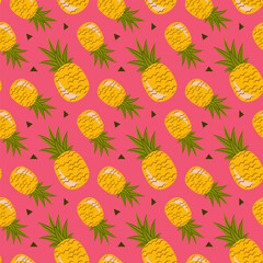 Seamless tossed summer pineapple fruit illustration background pattern in vector