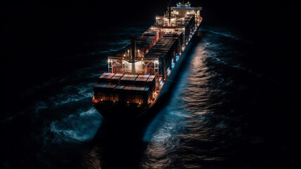 Technology for communication in online business Cyber. An aerial picture of a cargo ship carrying containers for export and import is shown on a global world. Service for Freight Forwarding
