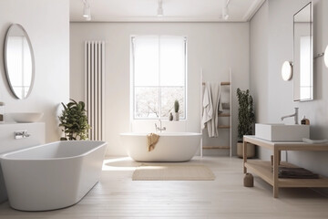 Naklejka na ściany i meble Luxurious beautiful minimalist bright spacious bathroom concept illustration. Created with Generative AI technology.