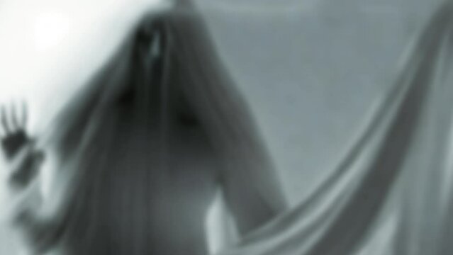 Heavy wave distortion nightmare fx: a faceless presence (a ghost) behind a veil or fabric, showing her hands.
