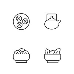 Set line Wonton, Chow mein plate, and Traditional tea ceremony icon. Vector