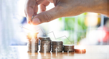 Coins are stacked in layers. from small to large money growth concept, business profit
