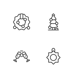Set line Christmas toy, Glass of champagne, wreath and tree icon. Vector