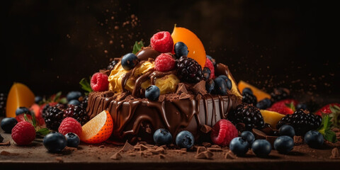Obraz na płótnie Canvas Illustration of a chocolate dessert combined with fruit. An explosion of flavor. Food photography style on dark background. Studio light. Dessert poster idea. Generative AI
