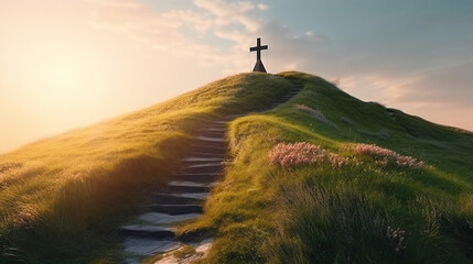 Obraz na płótnie Canvas Cross on the hill, the path leading to God, Happy easter. Christian symbol of faith, generative ai