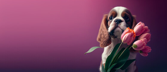 Cute doggy holding a bouquet of tulips on pink background. Generative Ai