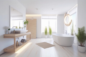 Fototapeta na wymiar Luxurious beautiful minimalist bright spacious bathroom concept illustration. Created with Generative AI technology.