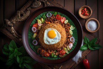Fototapeta na wymiar Nasi Goreng with fried egg. Indonesian fried rice served with soya sauce, chilli paste sambal and sunny side up. Taste of heritage. Generative AI