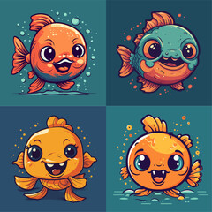 Flat color vector of happy fishes set collection