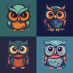 Flat color vector of happy owls set collection