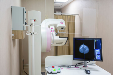 Mammography test at the hospital. Medical equipment. Mammography breast screening device in hospital laboratory. Health care, medical technology, hi-tech equipment concept.